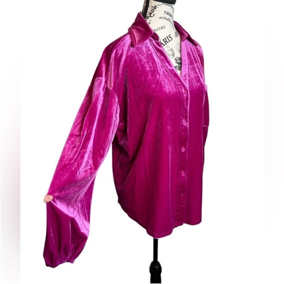 JODIFL oversized Pink Velvet Blouson Sleeve Blouse small button front - Picture 8 of 8
